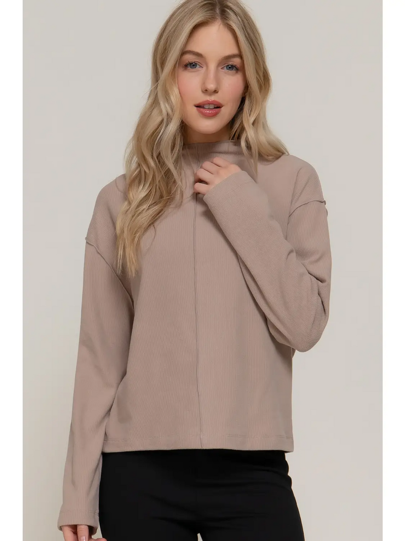 Overlocked Seams Detail Brushed Rib Top in Mushroom-Lemons and Limes Boutique