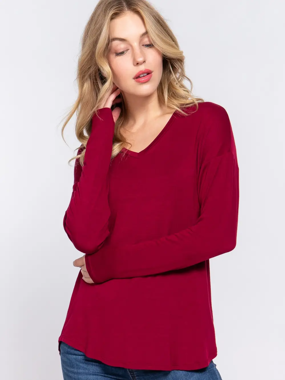 Long Dolman Sleeve V-Neck Rayon Span Jersey Top in Burgandy-Lemons and Limes Boutique