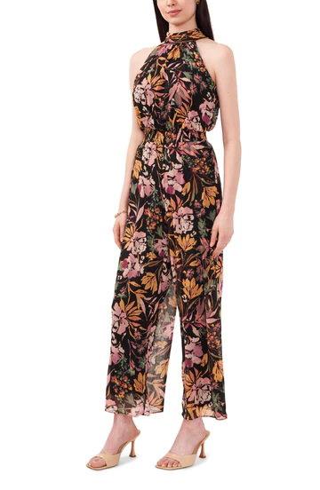 Georgette Printed Lined Tie Back Jumpsuit in Black Multi--Lemons and Limes Boutique