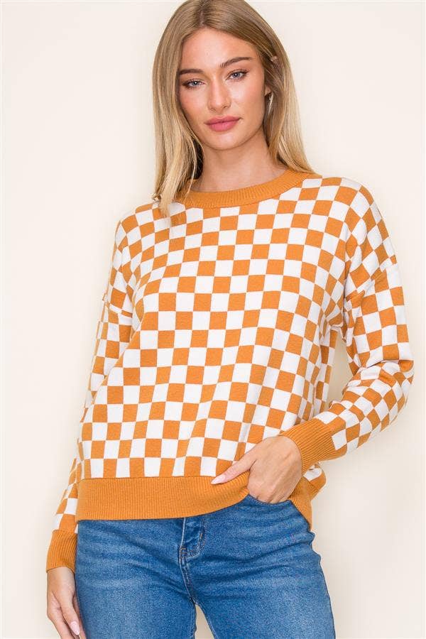 Checkerboard Crew Neck Color Rib Pullover Sweater in Marigold--Lemons and Limes Boutique