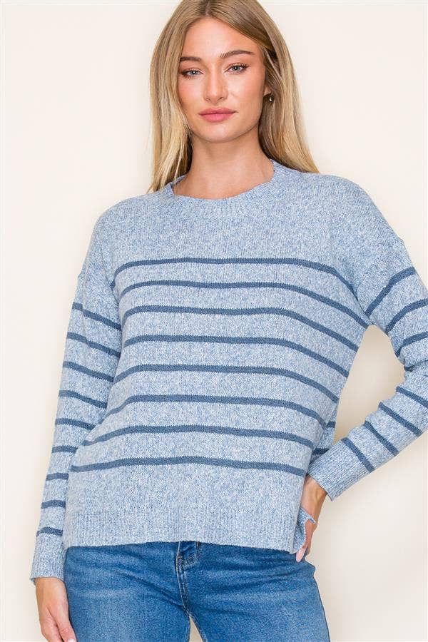 Striped Crew Neck Pullover Sweater with Side Slits in Denim--Lemons and Limes Boutique