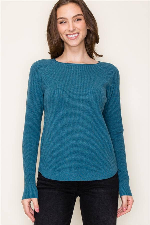 Crew Neck Long Raglan Sleeve Mini Waffle Pullover Sweater in Teal--Lemons and Limes Boutique