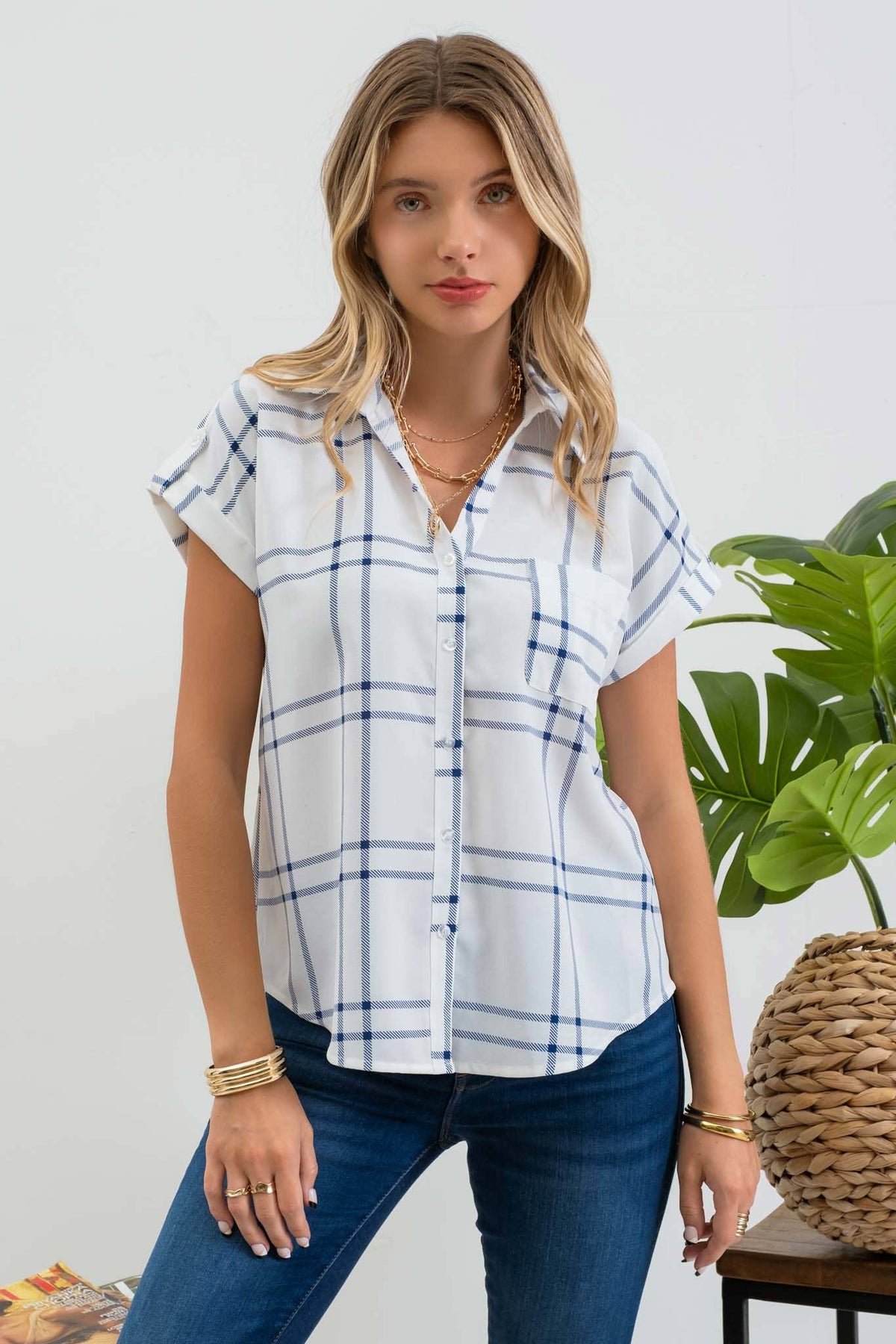 Plaid Short Sleeve Button Down Shirt in Blue-Lemons and Limes Boutique