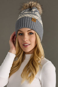 Gray & Cream Patterned Pom Hat-Lemons and Limes Boutique