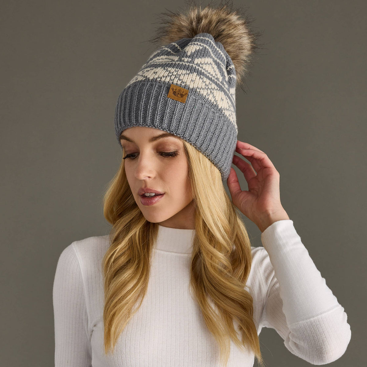 Gray & Cream Patterned Pom Hat-Lemons and Limes Boutique