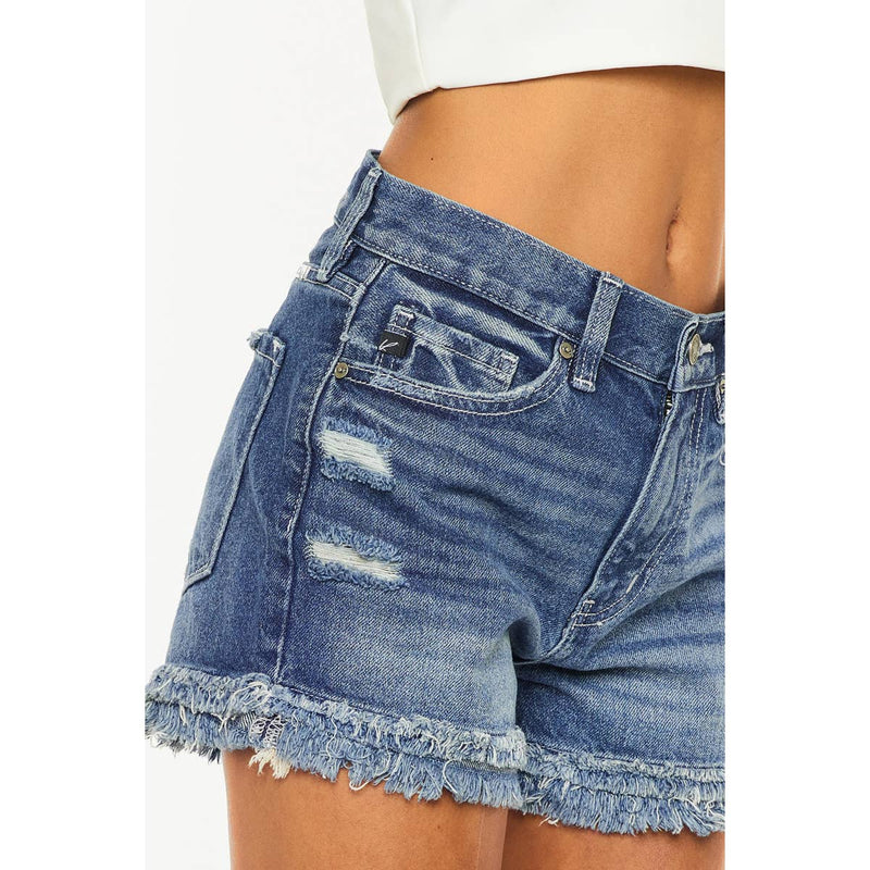 Sasha High Rise Fray Hem Denim Shorts In Medium Stone Wash Kan Can USA--Lemons and Limes Boutique