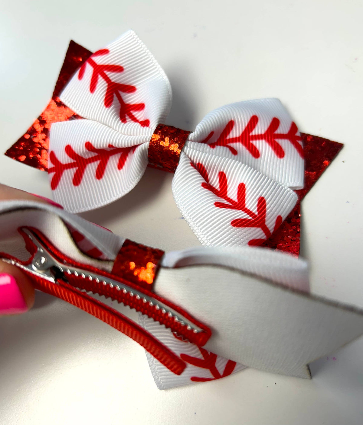 Baseball Red Glitter Bow-Lemons and Limes Boutique