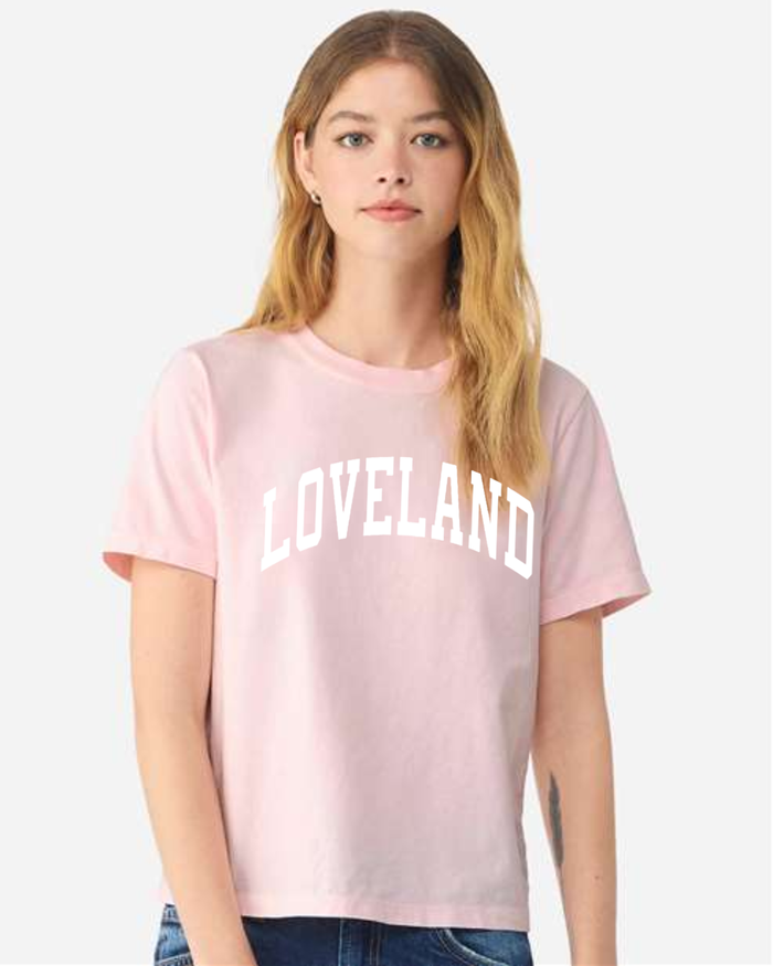 Curved Loveland on Garment Dyed T-Shirt in Pink-Lemons and Limes Boutique