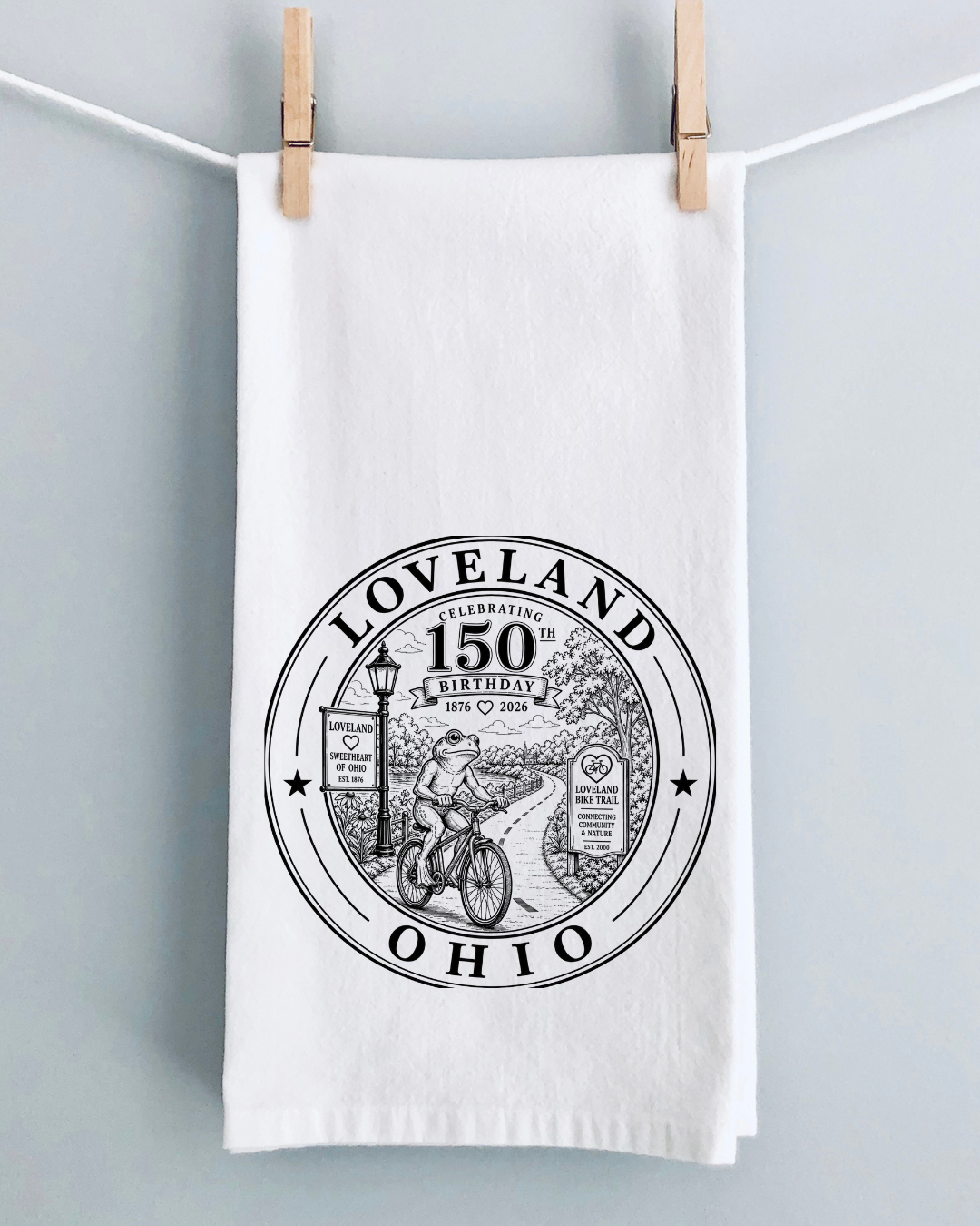 Loveland Ohio Frogman On Bike Trail Tea Towel