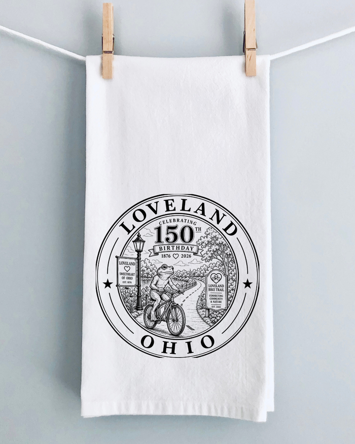 Loveland Ohio Frogman On Bike Trail Tea Towel