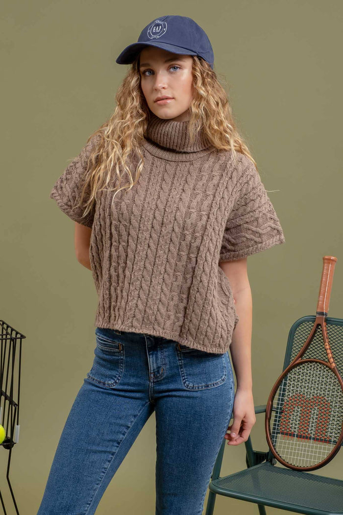 Cableknit Short Sleeve Turtleneck Sweater in Mocha--Lemons and Limes Boutique