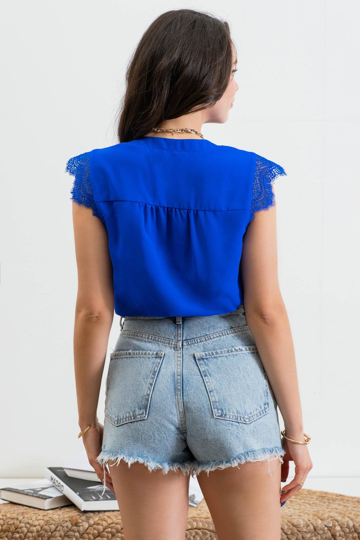 Split Neck Trim Lace Sleeve Blouse in Royal Blue-Lemons and Limes Boutique