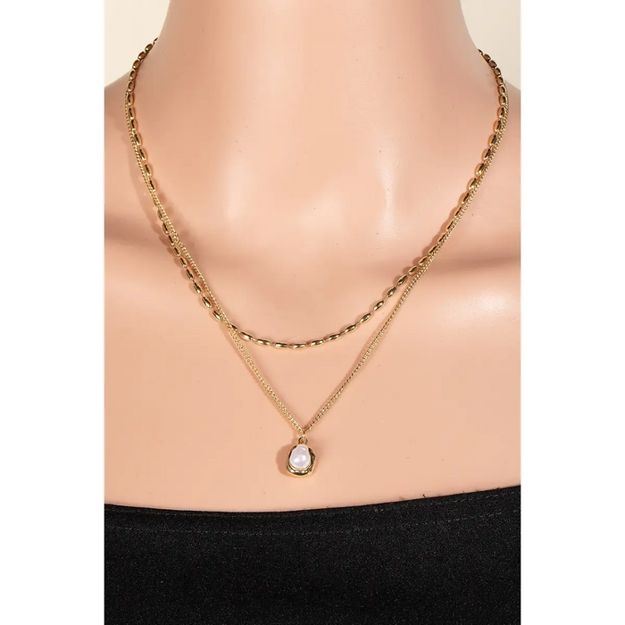 Pearl and Metallic Pendant Layered Chains Necklace-Lemons and Limes Boutique