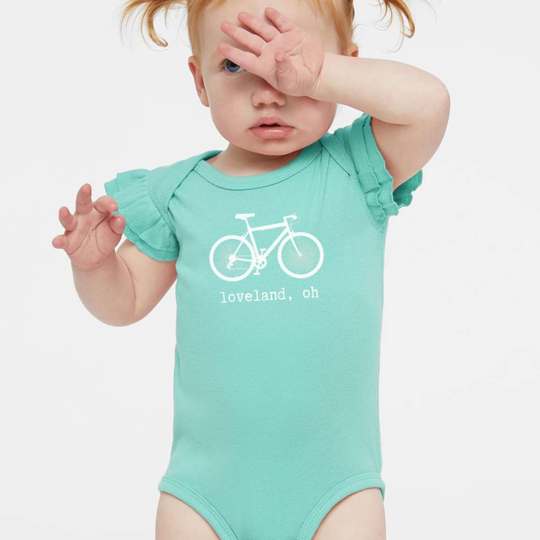 Loveland, Oh Bike Flutter Sleeve Short Sleeve Body Suit (multiple colors)-Aqua-Newborn-Lemons and Limes Boutique
