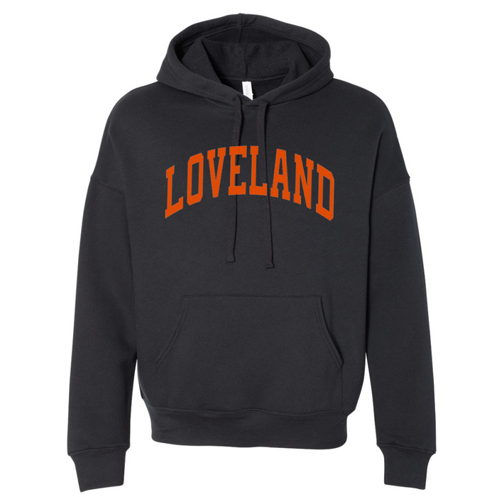 Curved Loveland Orange Hoodie on Black