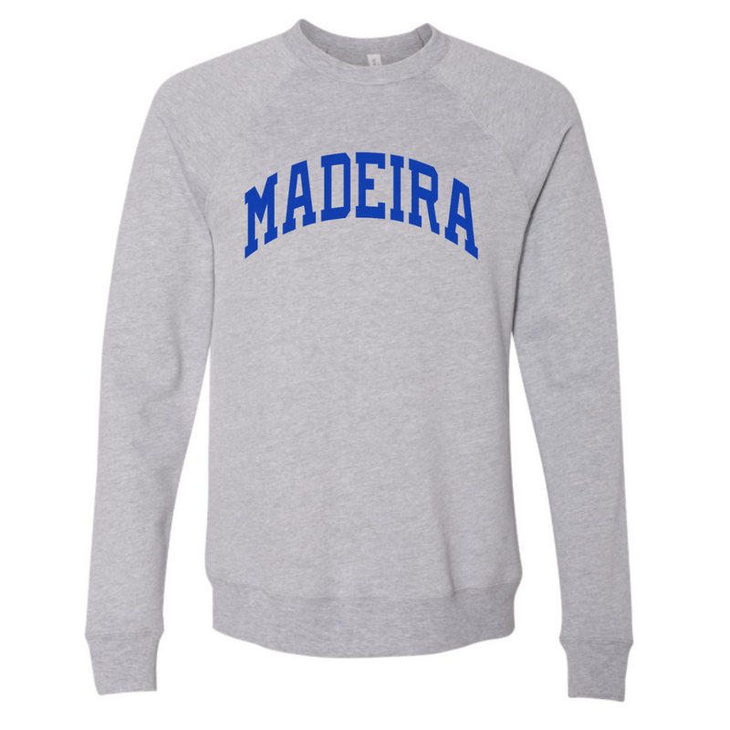 Curved Madeira Blue Sponge Fleece Raglan Sweatshirt on Athletic Gray--Lemons and Limes Boutique