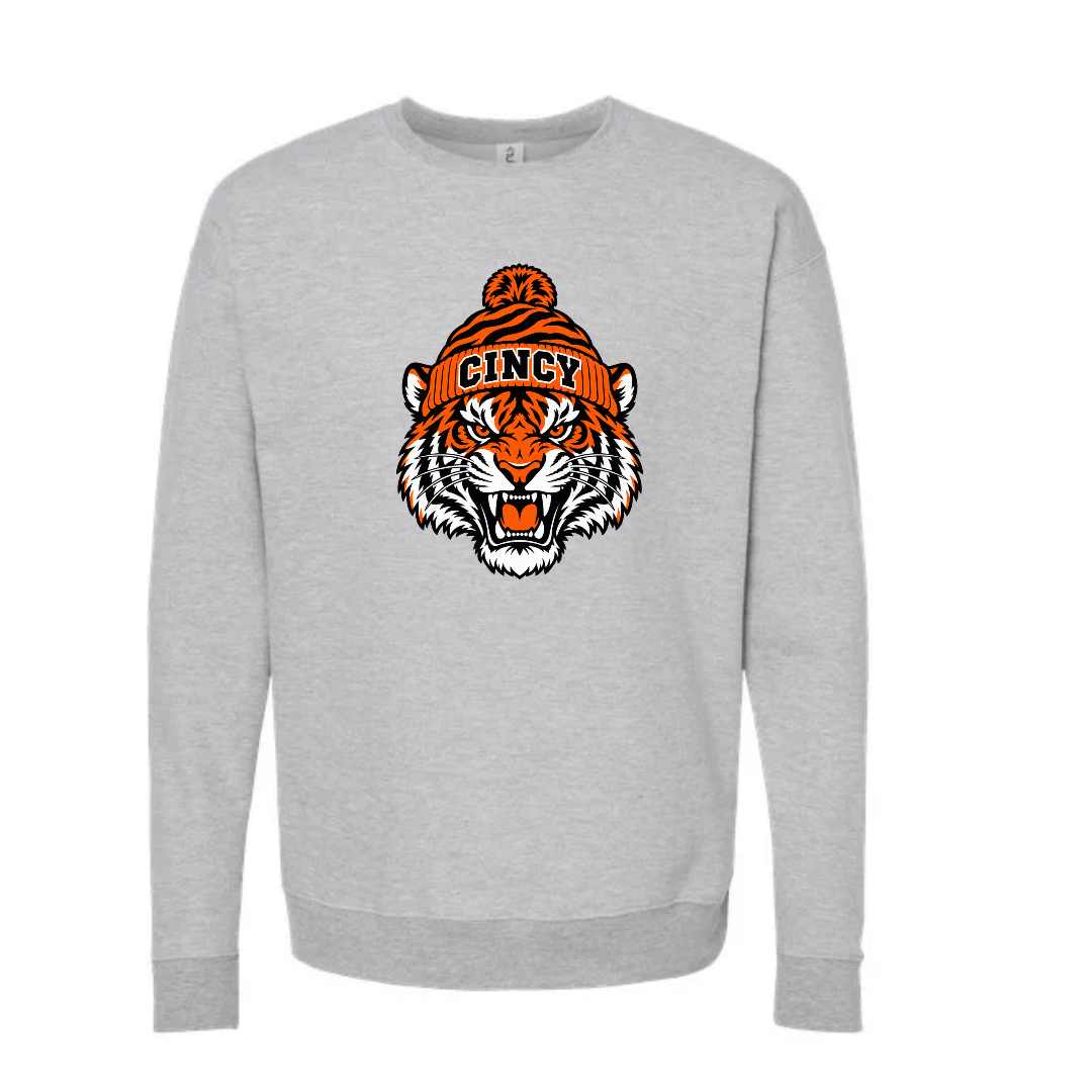 Fierce Cincy Tiger with Beanie Crewneck Sweatshirt on Gray