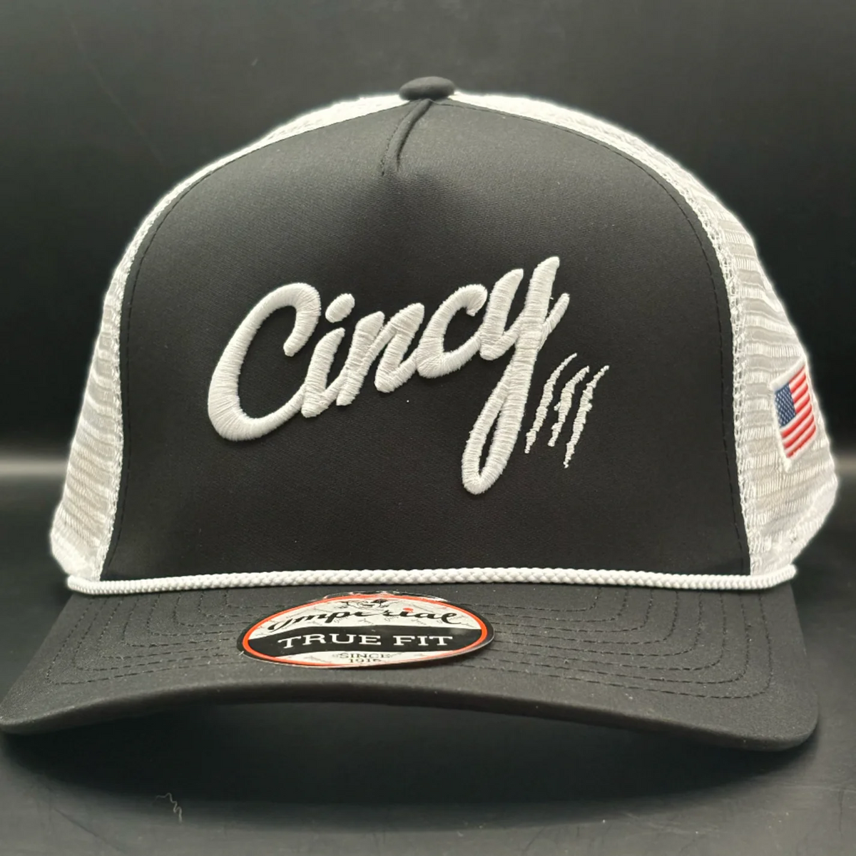Mesh Back Hat in Black with White Cincy Logo and White Rope by The Cincy Hat-Lemons and Limes Boutique