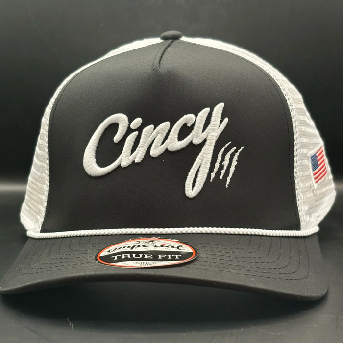 Mesh Back Hat in Black with White Cincy Logo and White Rope by The Cincy Hat-Lemons and Limes Boutique