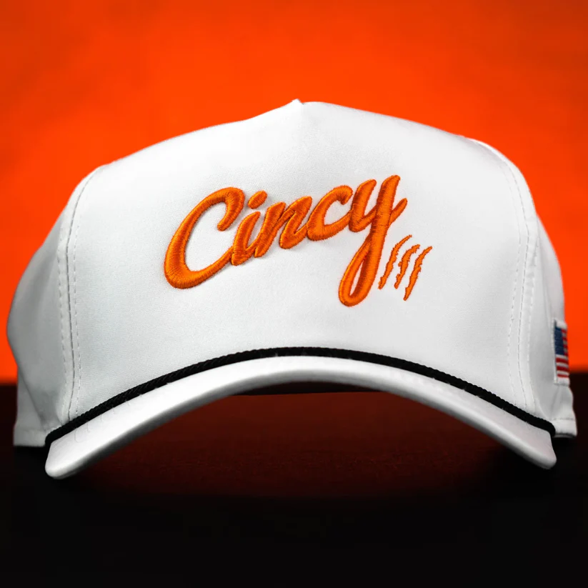 Rope Hat in White with Orange Cincy Logo and Black Rope by The Cincy Hat--Lemons and Limes Boutique