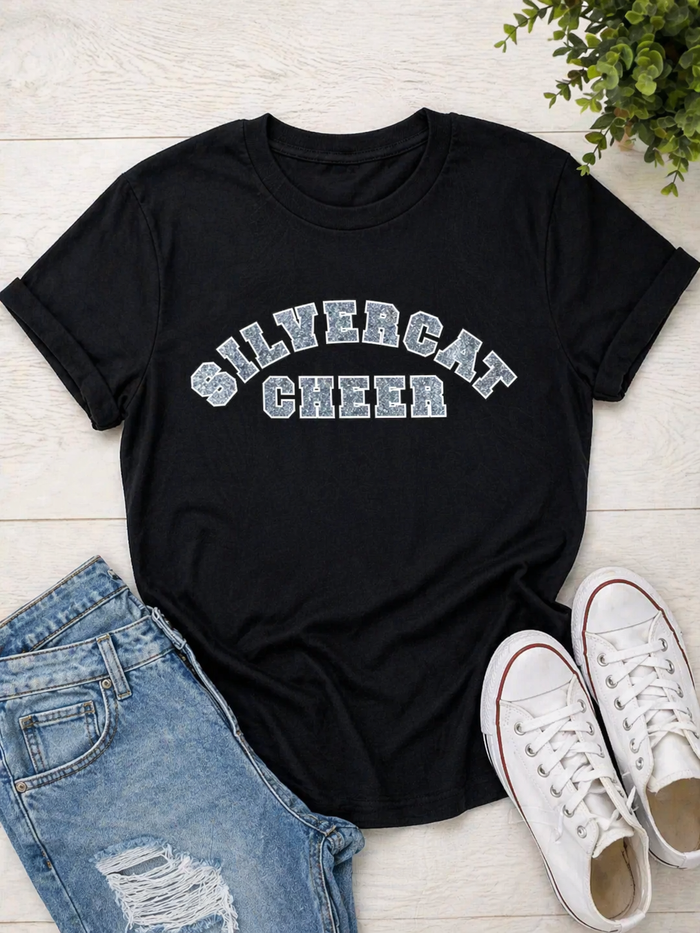 Silvercat Cheer Glitter on Heathered Black Tee- Youth and Adult