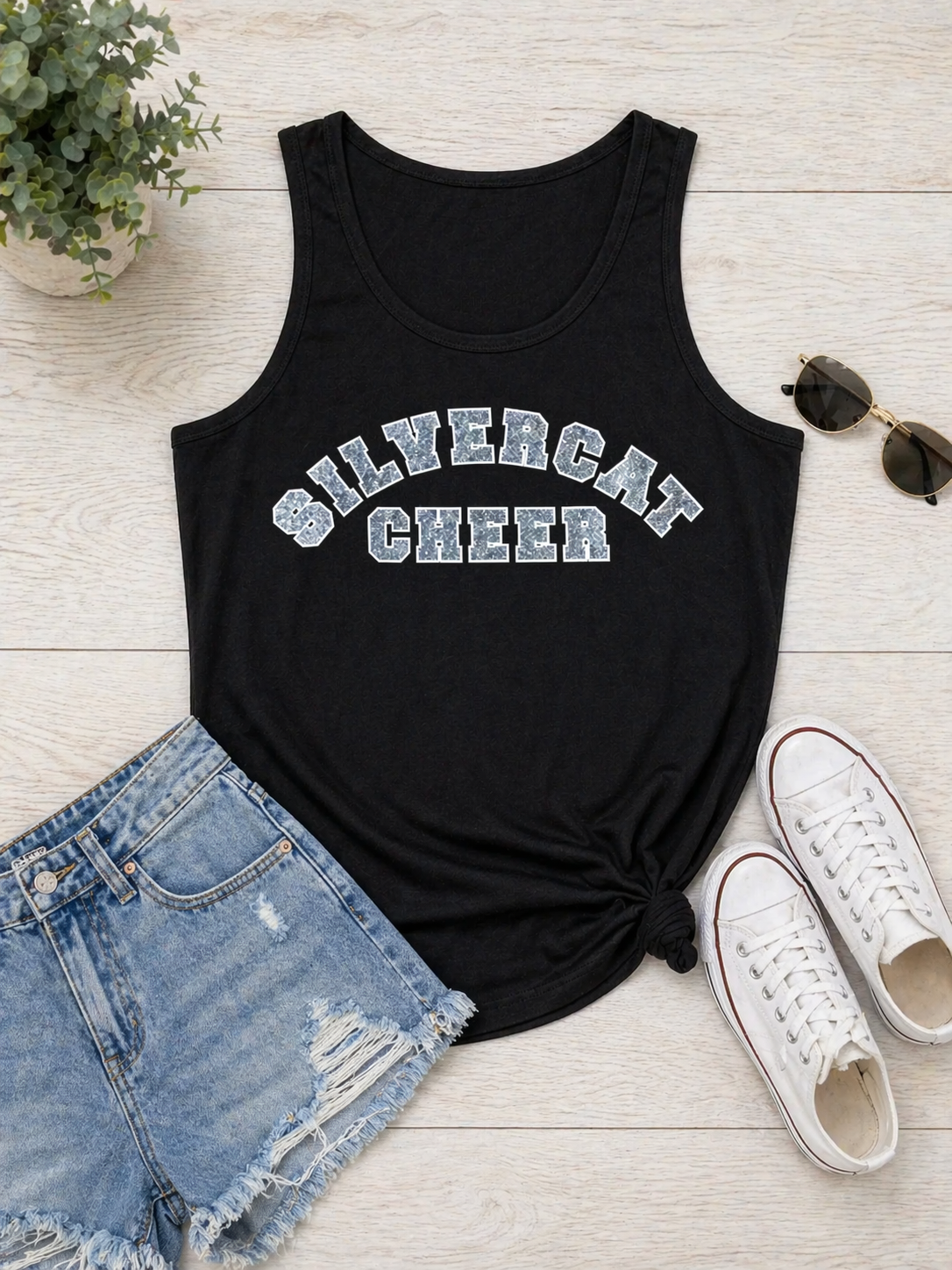 Silvercat Cheer  in Glitter on Black Tank