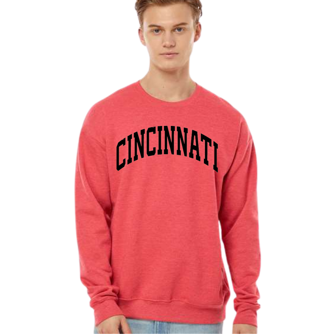 Curved Black Cincinnati Crewneck Sweatshirt on Heather Red-Lemons and Limes Boutique