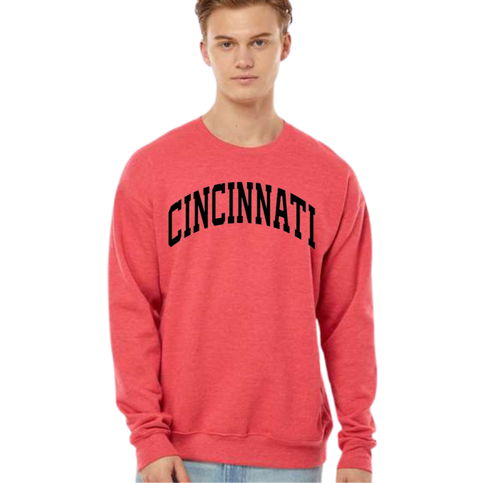 Curved Black Cincinnati Crewneck Sweatshirt on Heather Red-Lemons and Limes Boutique
