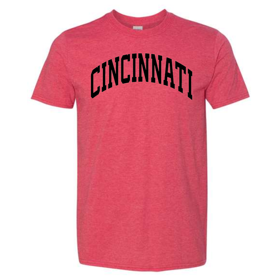 Cincinnati Black Block Curve T-Shirt on Heather Red-Lemons and Limes Boutique
