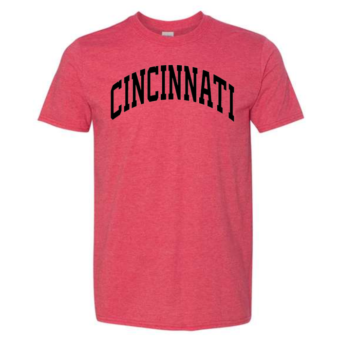 Cincinnati Black Block Curve T-Shirt on Heather Red-Lemons and Limes Boutique