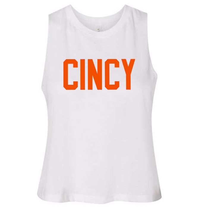 CINCY Block Orange Cropped Muscle Tank on White-Shirts & Tops-Lemons and Limes Boutique