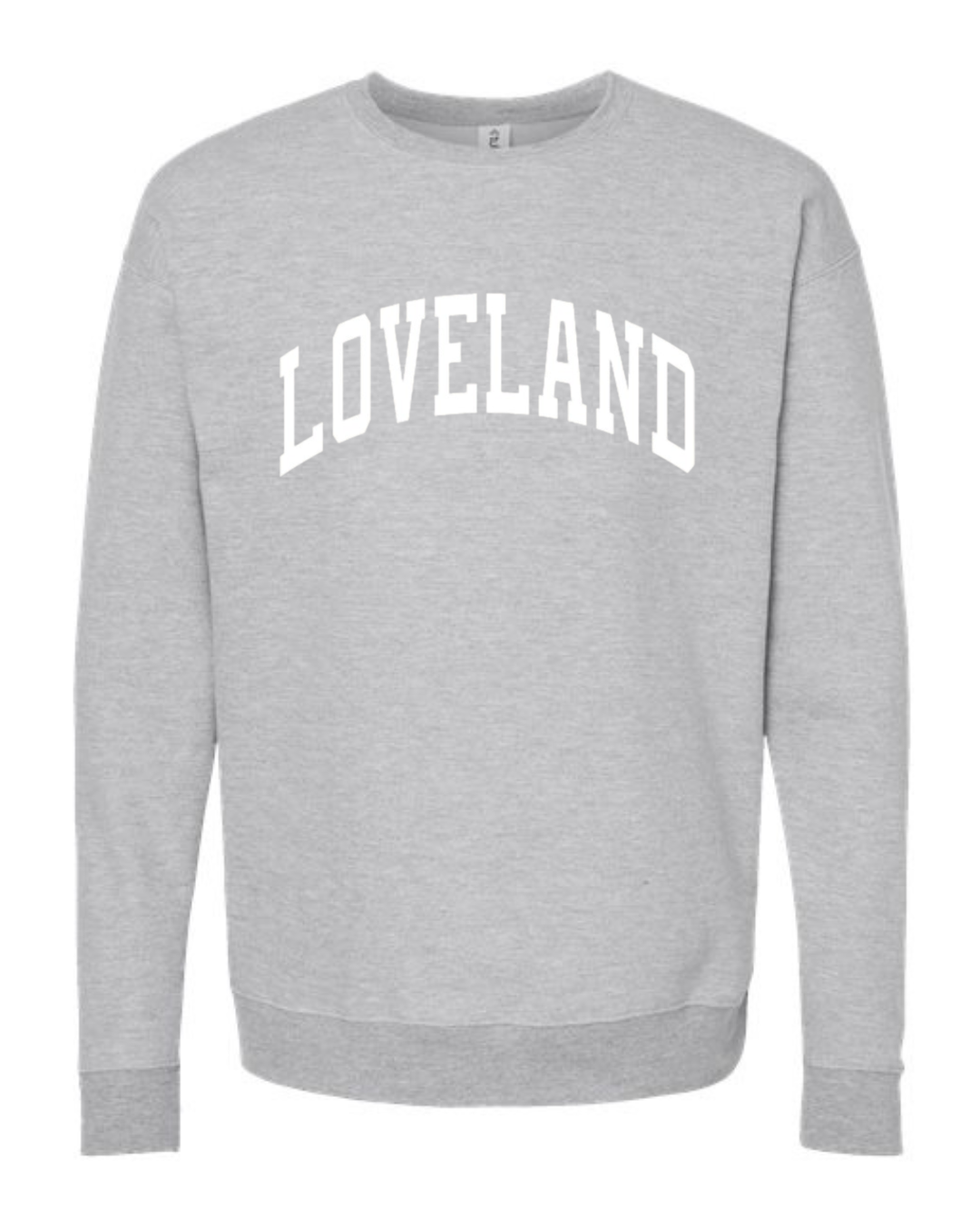 Loveland Curved White Sweatshirt on Athletic Gray-Lemons and Limes Boutique