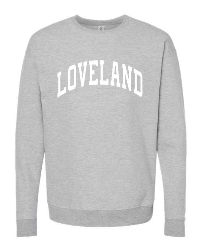 Loveland Curved White Sweatshirt on Athletic Gray-Lemons and Limes Boutique