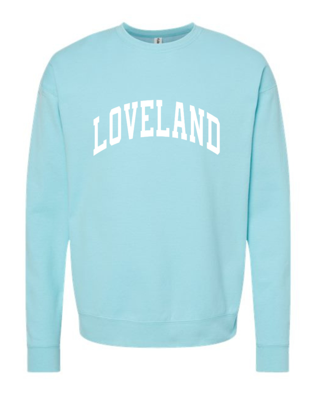 Loveland Curved White Sweatshirt on Purist Blue-Lemons and Limes Boutique