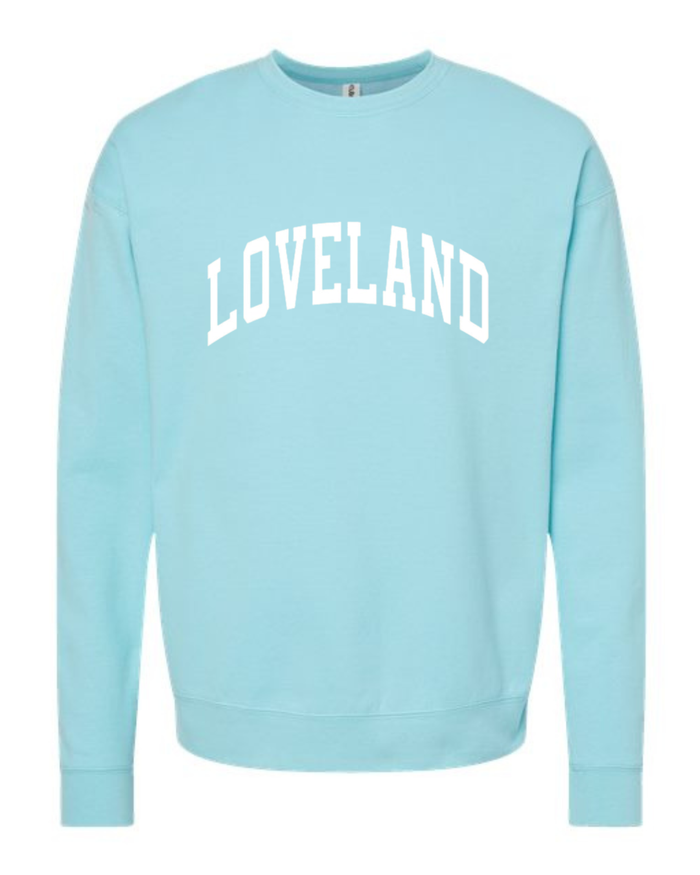 Loveland Curved White Sweatshirt on Purist Blue-Lemons and Limes Boutique