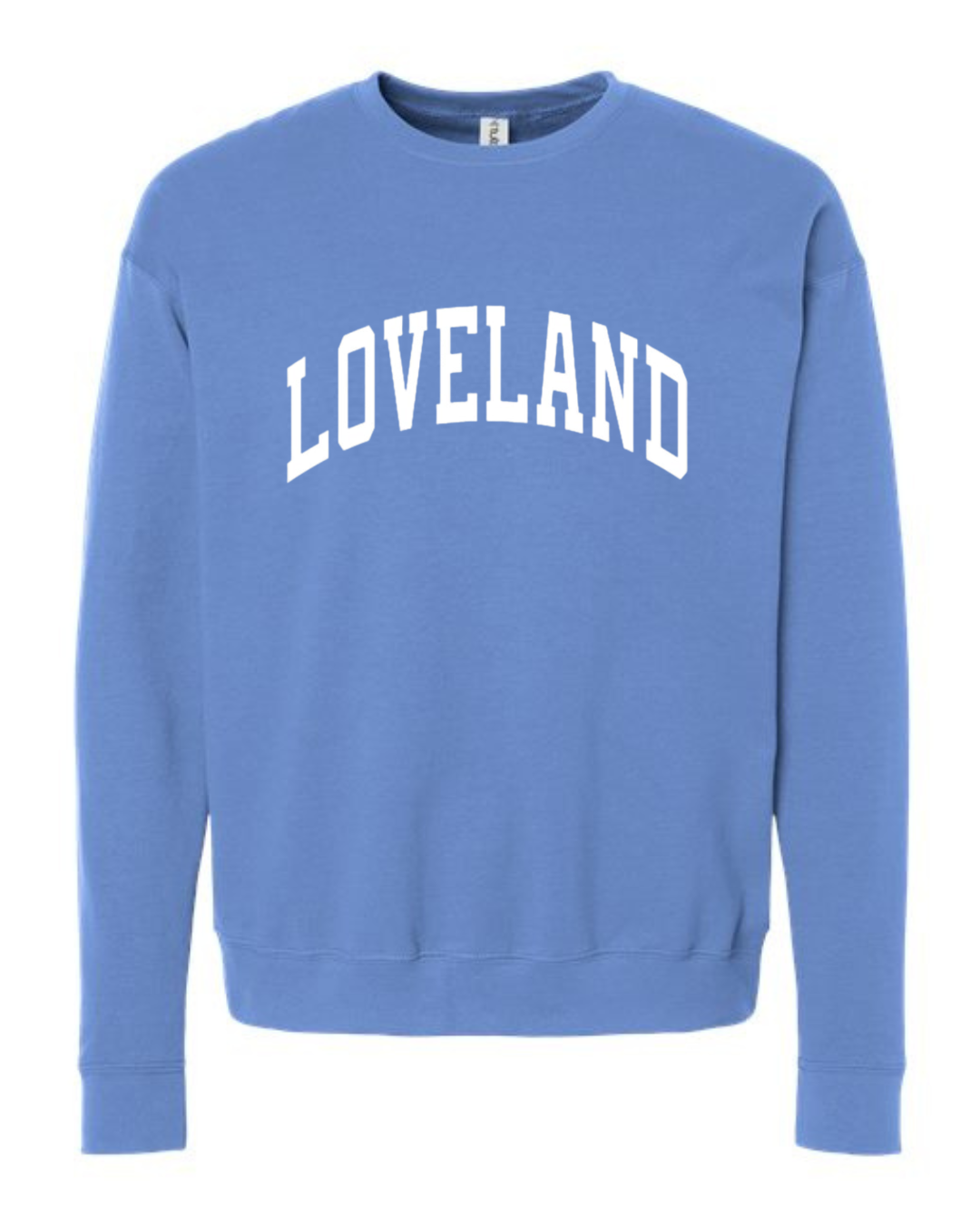 Loveland Curved White Sweatshirt on Columbia Blue-Lemons and Limes Boutique
