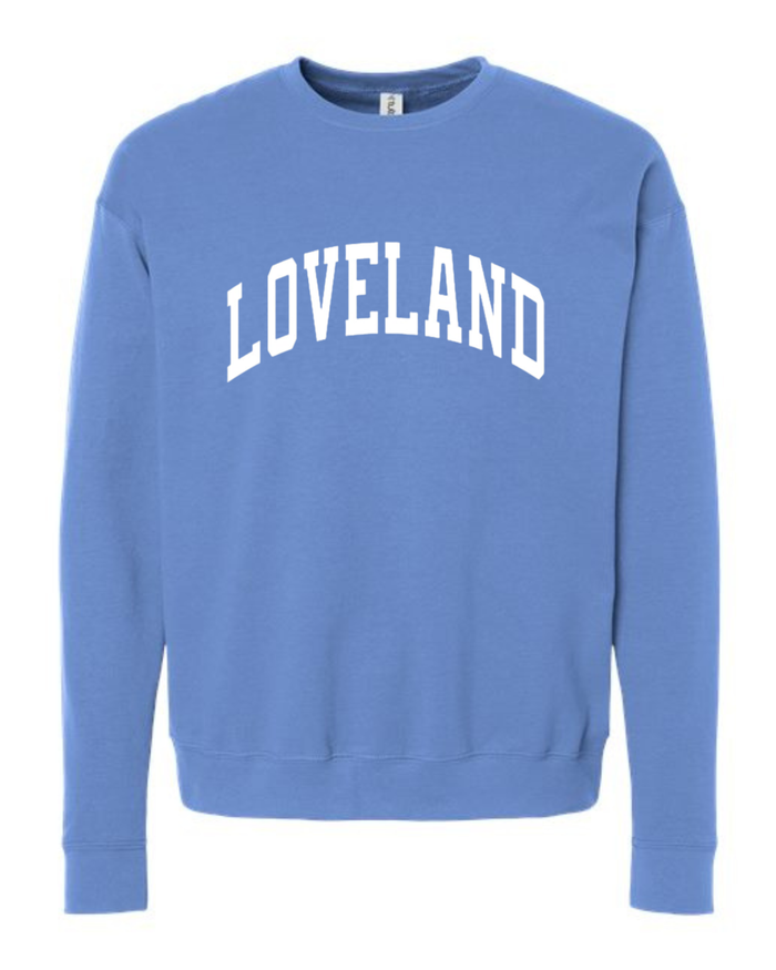 Loveland Curved White Sweatshirt on Columbia Blue-Lemons and Limes Boutique