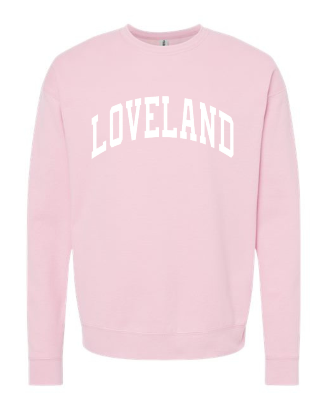 Loveland Curved White Sweatshirt on Light Pink-Lemons and Limes Boutique