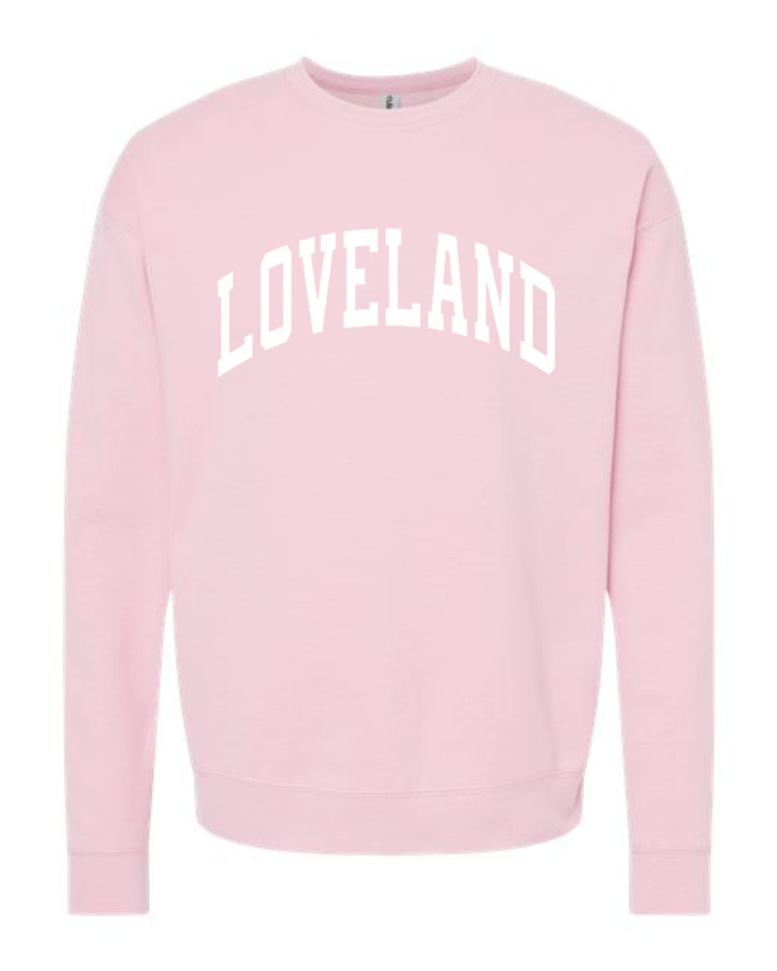 Loveland Curved White Sweatshirt on Light Pink-Lemons and Limes Boutique