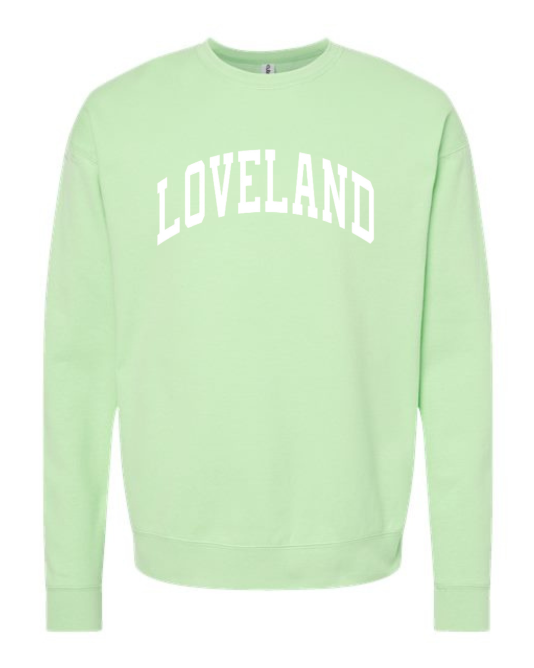 Loveland Curved White Sweatshirt on Neo Mint-Lemons and Limes Boutique