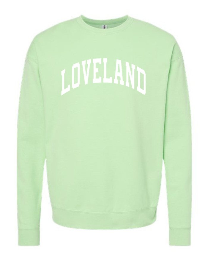 Loveland Curved White Sweatshirt on Neo Mint-Lemons and Limes Boutique