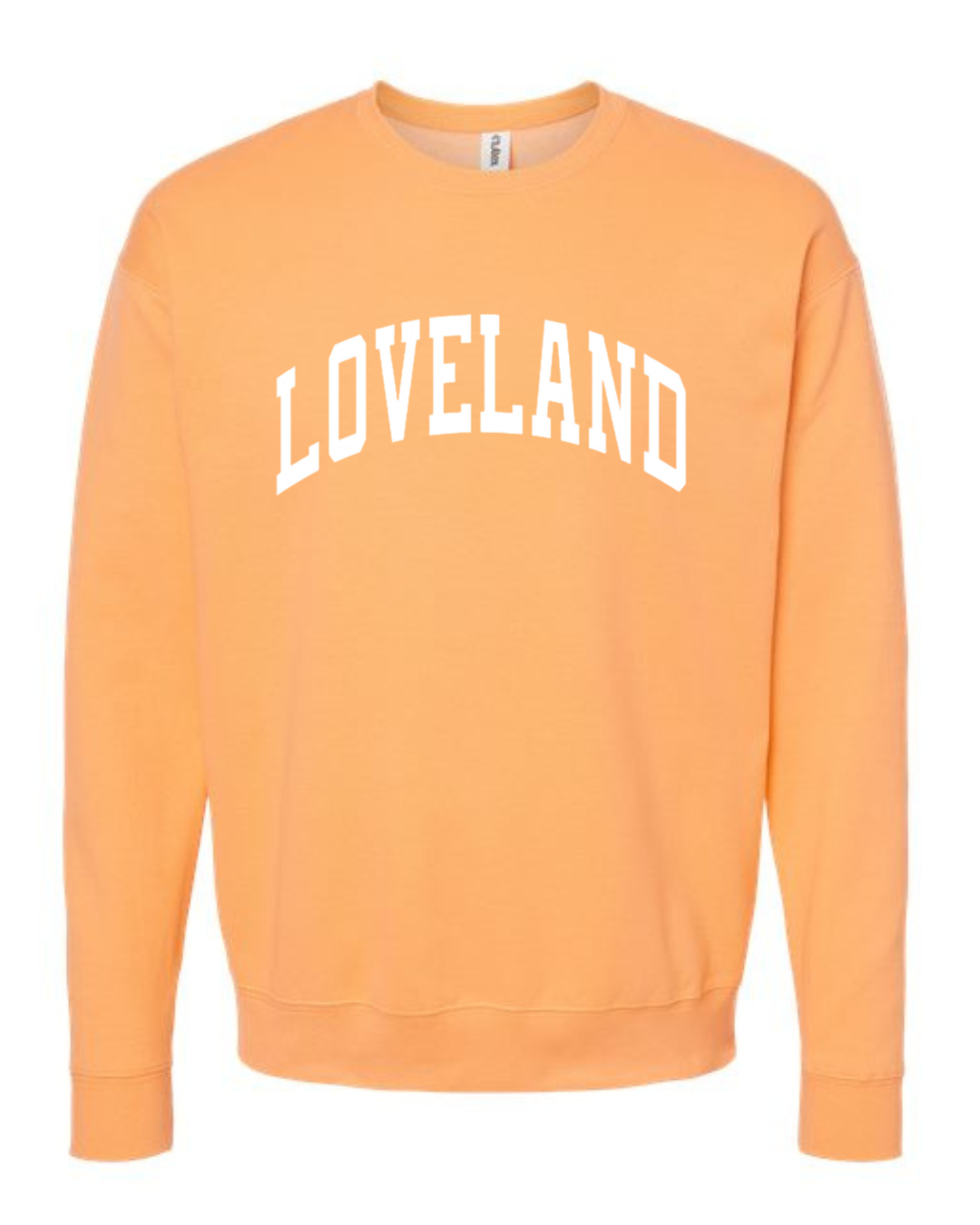 Loveland Curved White Sweatshirt on Cantaloupe-Lemons and Limes Boutique