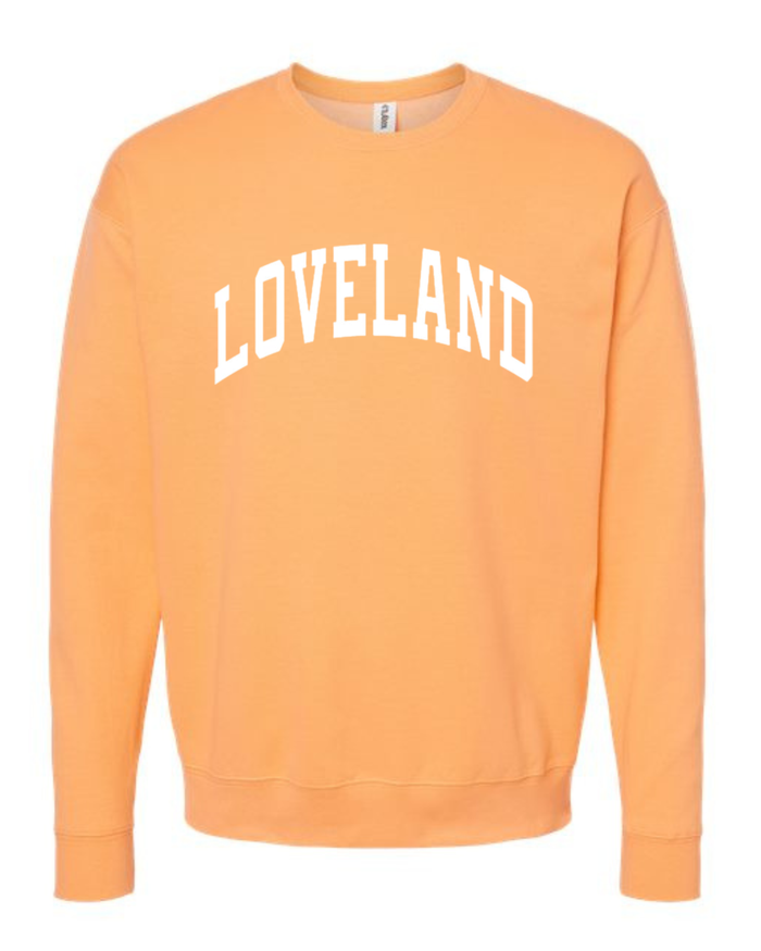 Loveland Curved White Sweatshirt on Cantaloupe-Lemons and Limes Boutique