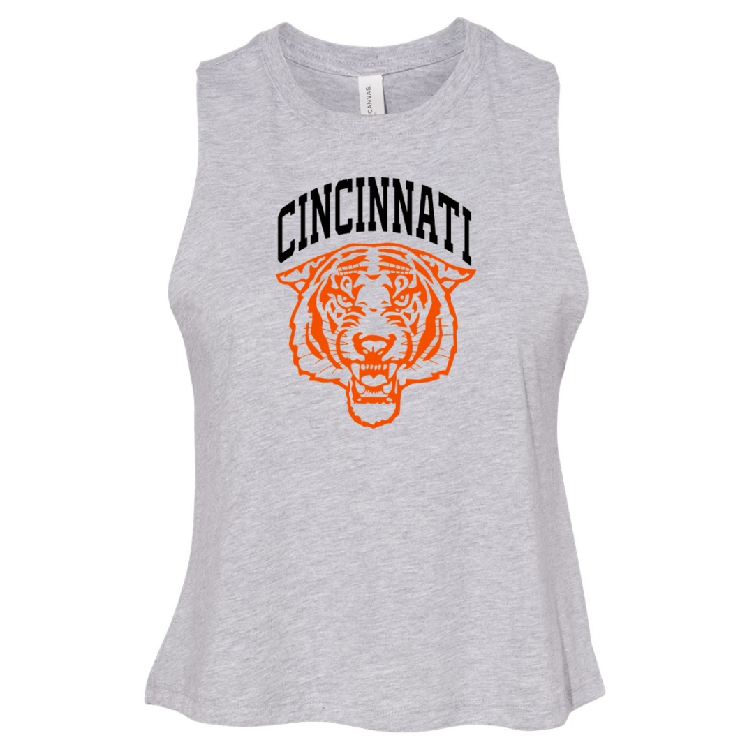 Vintage Cincinnati Tiger Cropped Muscle Tank on Athletic Gray--Lemons and Limes Boutique