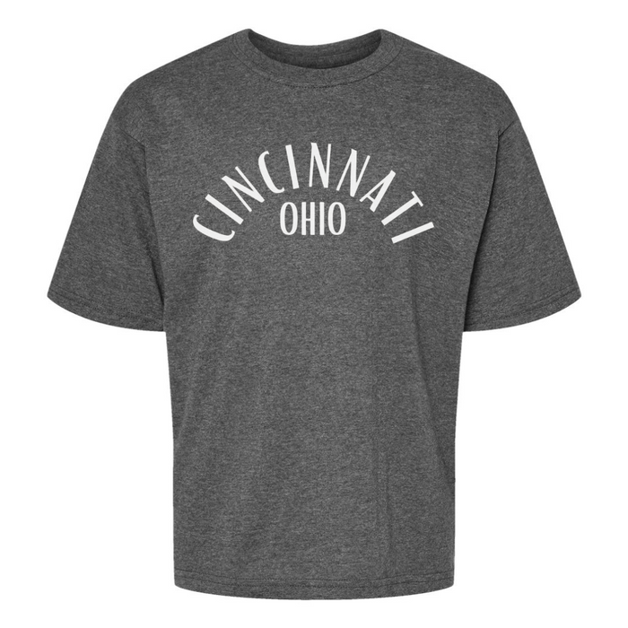 Cincinnati Ohio Curved T-Shirt on Gray- YOUTH--Lemons and Limes Boutique