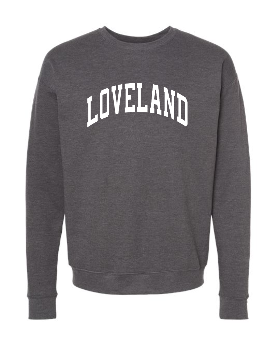 Curved White Loveland Sweatshirt on Heather Charcoal