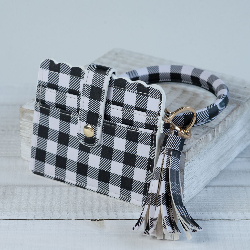 Bridgette Hands Free Bangle Keychain with Card Wallet-White Buffalo Plaid-Keychain-Lemons and Limes Boutique
