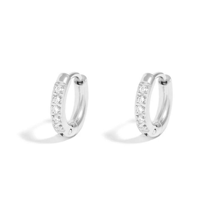 18K Gold PVD Stainless Steel CZ Stone Huggie Earrings in Silver