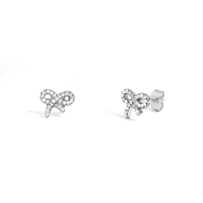 18K Gold PVD Stainless Steel Stone Bow Earrings in Silver