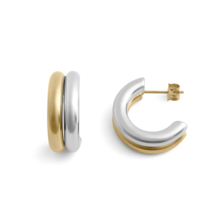 18K Gold PVD Stainless Steel Mixed Metal Side By Side Huggie Earrings